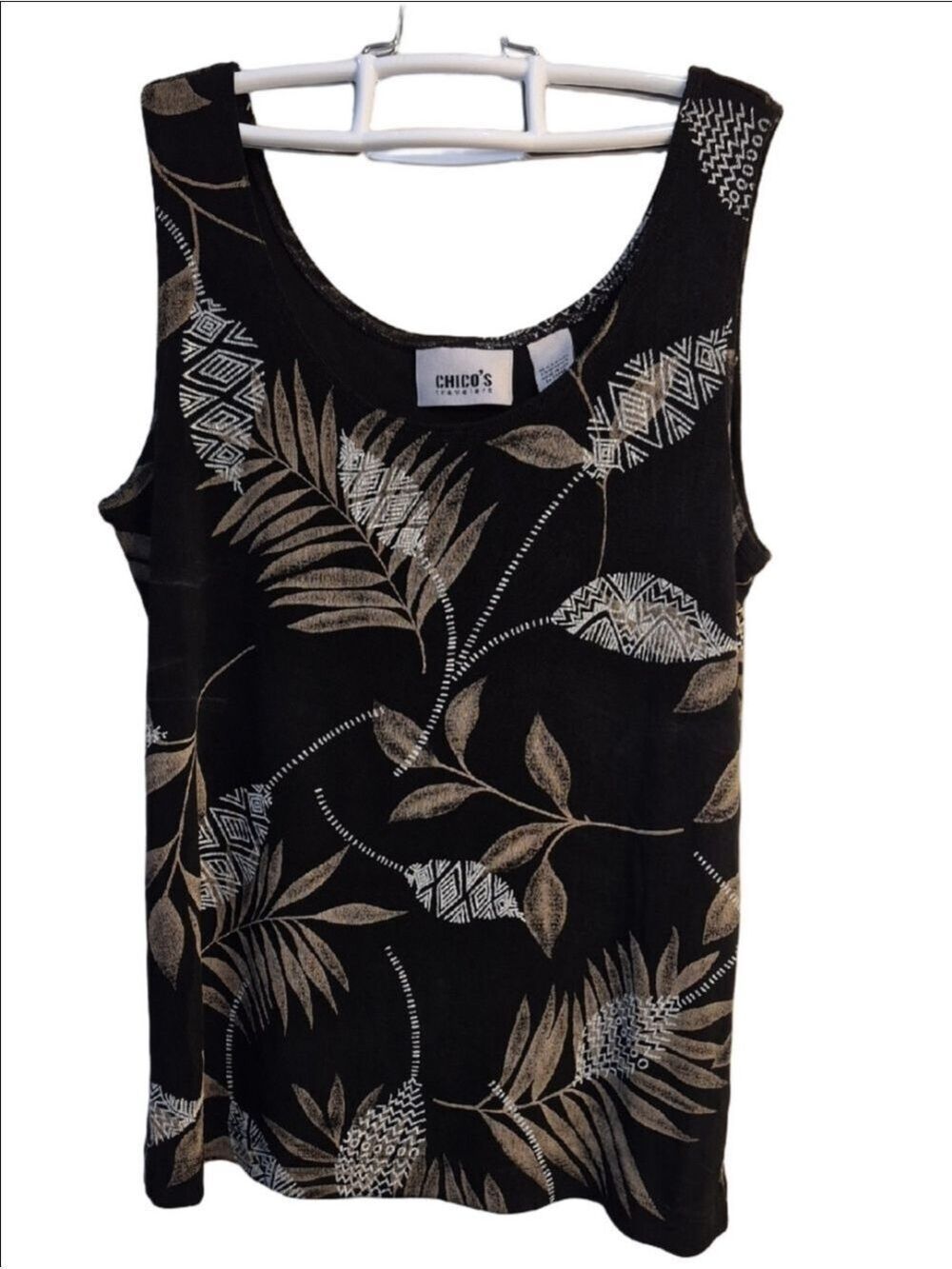 Chico's Black Botanical Scoop Neck Tank with Tan & White Print